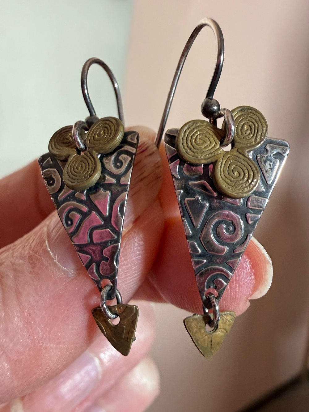 Vintage sterling silver brass modernist embossed art deco earrings